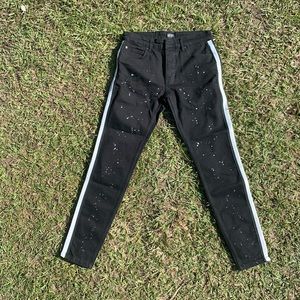 Skinny Side-Stripe Paint Splatter Jeans